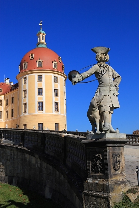 Moritzburg Castle, piqueur statue by Wolf Ernst Brohn from 1660, near Dresden, Saxony, Germany, Europe, by Sunny Celeste