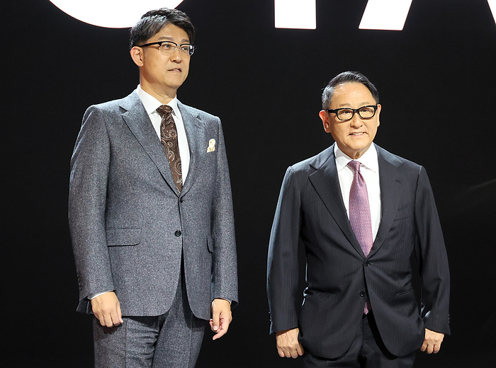 Concept vehicles are displayed at a press preview of the Japan Mobility Show  October 25, 2023, Tokyo, Japan   Japan s automobile giant Toyota Motor president Koji Sato  L  and chairman Akio Toyoda  R  smile as they inspect the Toyota booth at a press preview at the Japan Mobility Show 2023 in Tokyo on Wednesday, October 25, 2023. The Japan Mobility Show 2023 will be held from October 28 through November 5.     photo by Yoshio Tsunoda AFLO 