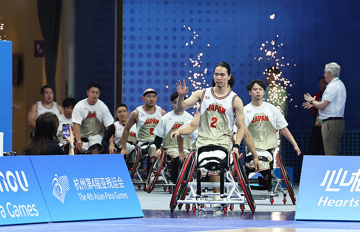 Hangzhou Asian Para 2022 Wheelchair Basketball Men s Qualifying Japan Malaysia: Japanese players including Renshi Toriumi  front  take the court in Hangzhou, China on October 24, 2023.