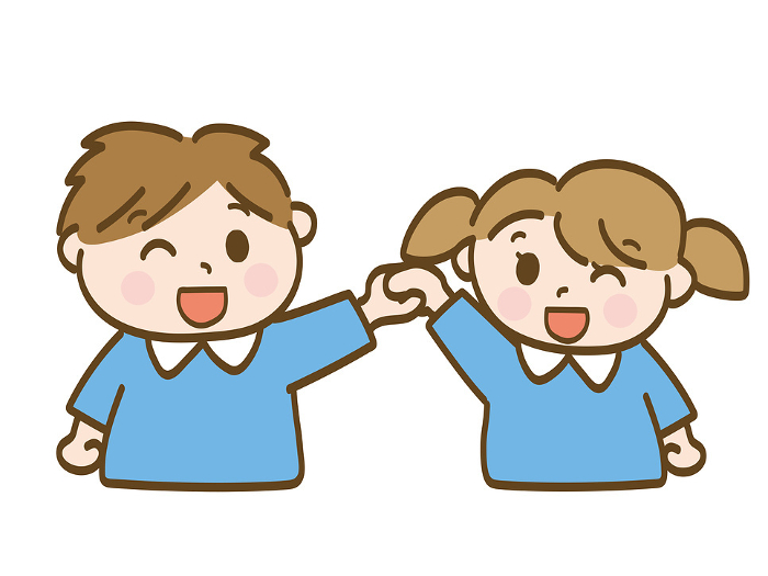A boy and a girl holding hands in a friendly manner_A brother and sister of nursery school children