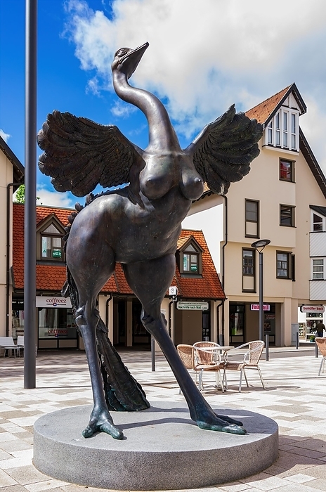 Bronze sculpture Ostrich by Miriam Lenk from the artistic collaboration Excavations with Peter Lenk, placed in the Obere Vorstadt, Ebingen, Albstadt, Baden-Württemberg, Germany, Europe, by Ullrich Gnoth