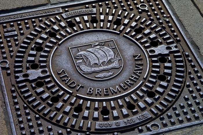 Manhole cover of the city of Bremerhaven, Germany, Europe, by alimdi / Günter Franz