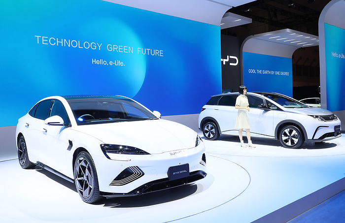 Concept vehicles are displayed at a press preview of the Japan Mobility Show  October 26, 2023, Tokyo, Japan   China s electric vehicle  EV  giant BYD displays electric vehicle  Dolphin   R  and  Seal   L  at a press preview at the Japan Mobility Show 2023 in Tokyo on Thursday, October 26, 2023. The Japan Mobility Show 2023 will open for public from October 28 through November 5.     photo by Yoshio Tsunoda AFLO 