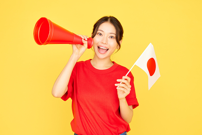 Japanese woman cheering with megaphone