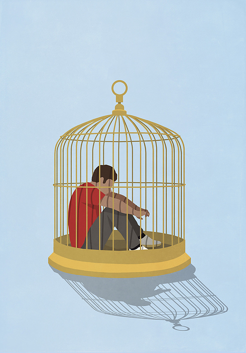 Frustrated man trapped in birdcage, by Malte Mueller