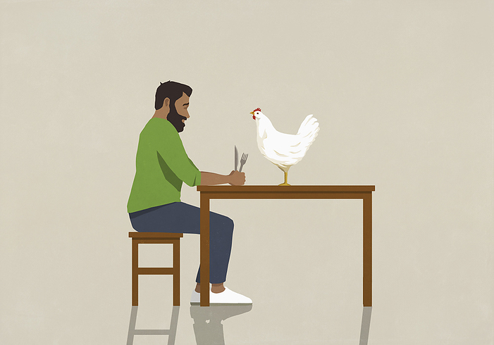 Man with fork and knife staring at chicken on dining table, by Malte Mueller