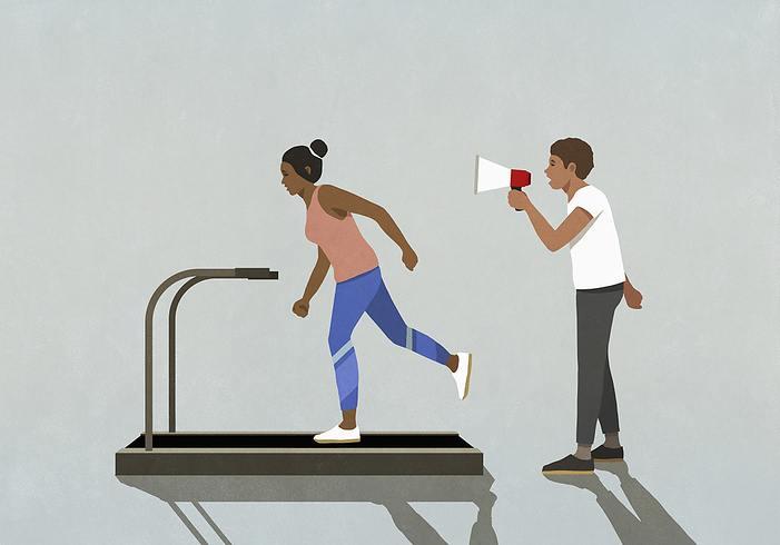 Man with megaphone yelling at woman jogging on treadmill, by Malte Mueller