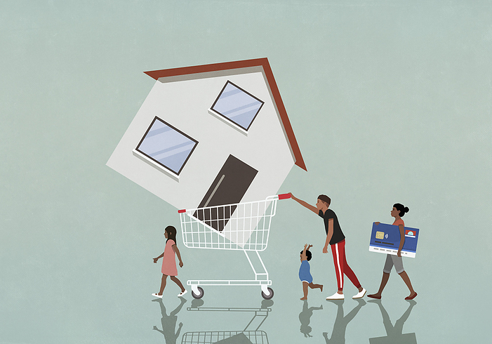 Family with credit card pushing house in shopping cart, by Malte Mueller