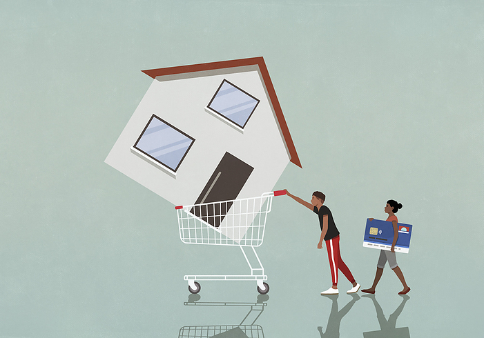 Couple with credit card pushing house in shopping cart, by Malte Mueller