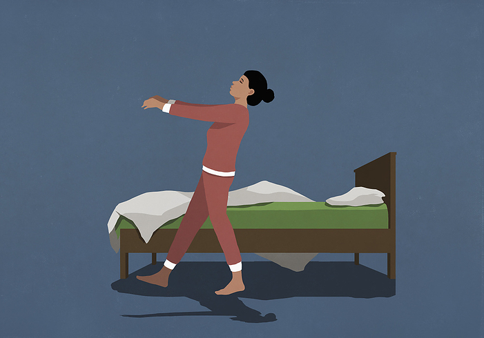 Woman in pajamas sleepwalking along bed in nighttime bedroom, by Malte Mueller