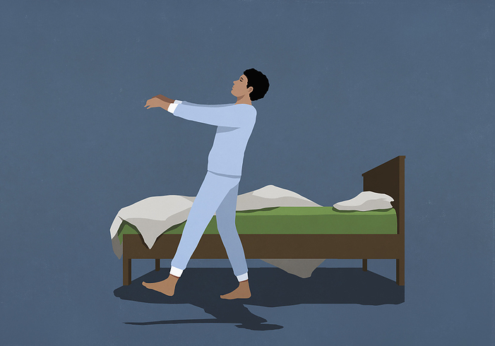 Man in pajamas sleepwalking along bed in nighttime bedroom, by Malte Mueller