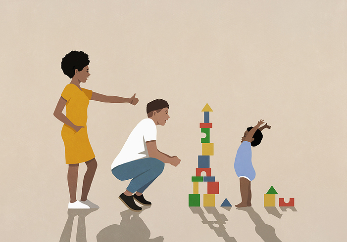 Supportive parents cheering for happy baby son stacking toy blocks, by Malte Mueller