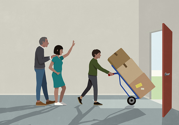 Parents waving goodbye to college son moving boxes, by Malte Mueller
