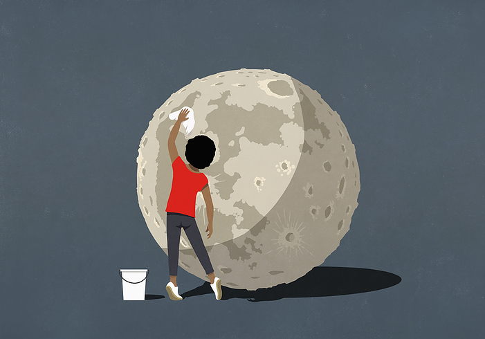 Woman cleaning surface of the moon, by Malte Mueller