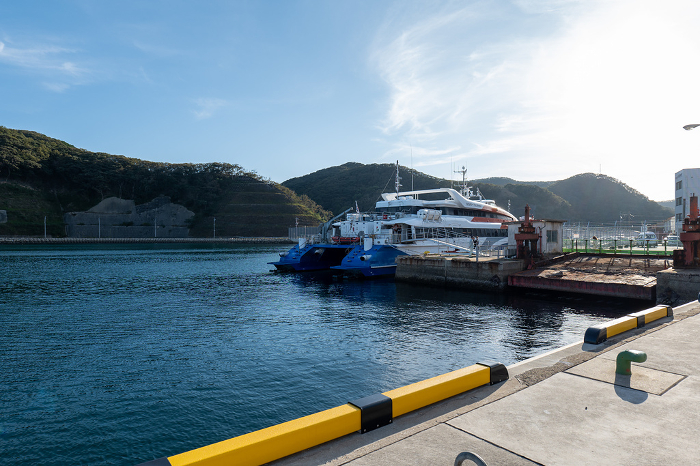 Busan-bound ship at anchor in Hidakatsu Port, Tsushima