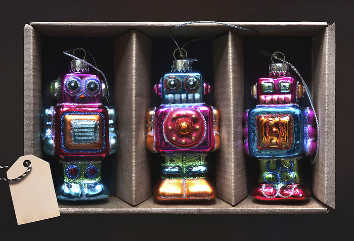Three Robot Ornaments in Box with Label, Studio Shot, by Andrew Kolb / Design Pics