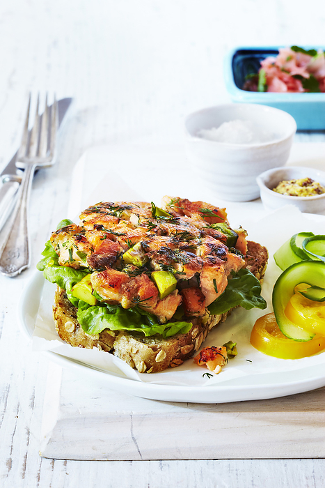 Salmon and avocado burger on whole grain bread on plate, studio shot, by Angus Fergusson / Design Pics
