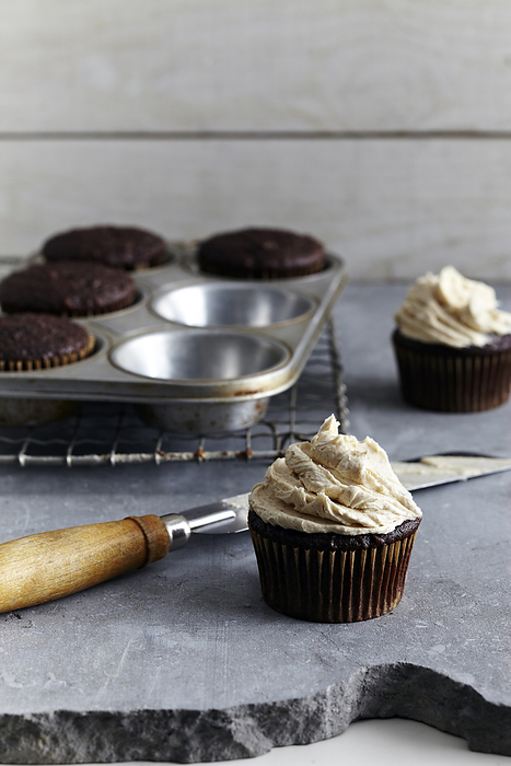 Frosting freshly made cupcakes, studio shot, by Angus Fergusson / Design Pics