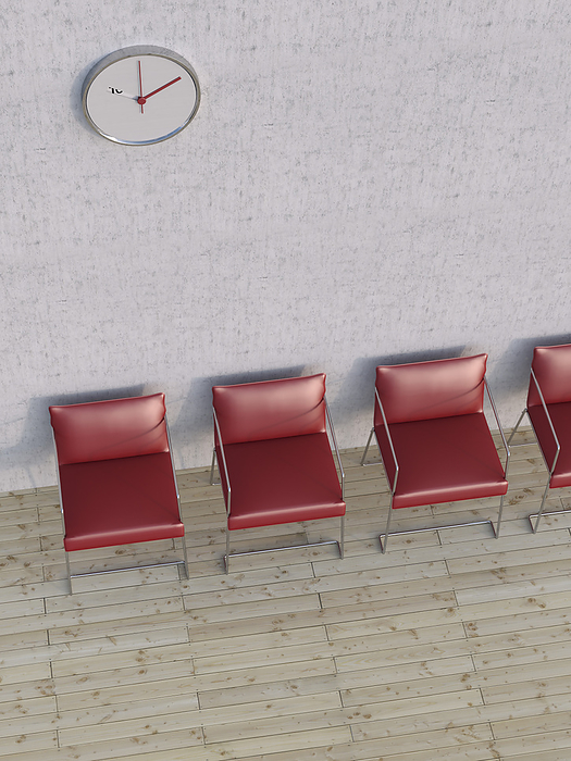 Digital Illustration of Overhead View of Four Red Chairs in a Row in front of Concrete Wall, by Anke Huber & Uwe Starke / Design Pics
