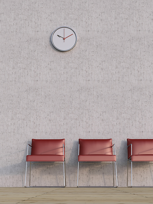 Digital Illustration of Three Red Chairs in a Row in front of Concrete Wall, by Anke Huber & Uwe Starke / Design Pics
