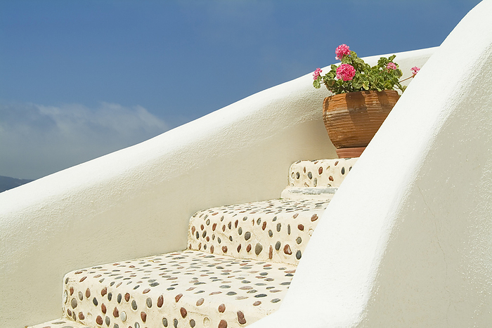 Santorini, Greece Stairs and Potted Geranium, Oia, Santorini, Cyclades Islands, Greece, by Garry Black   Design Pics