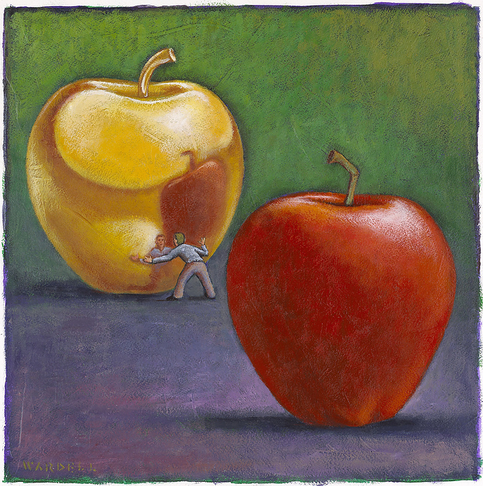 Illustration of Man Looking at Reflection in Golden Apple, with Red Apple in Foreground, by James Wardell / Design Pics