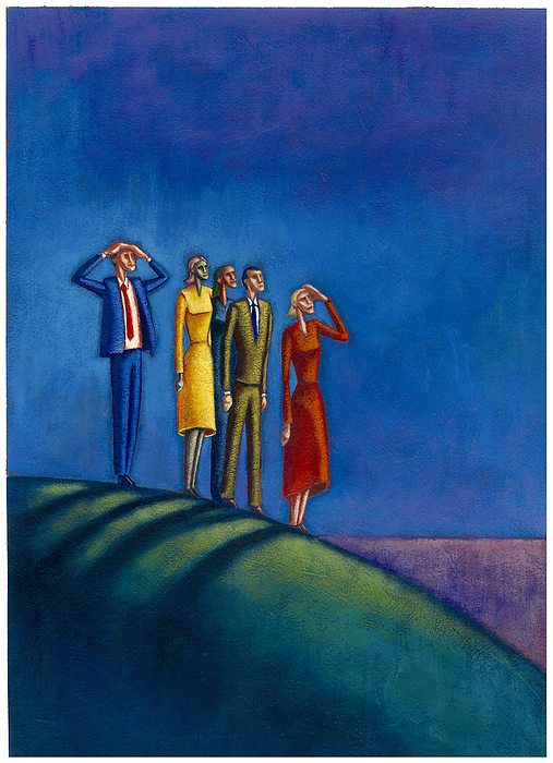 Five People on Hilltop Looking into the Distance, by James Wardell / Design Pics