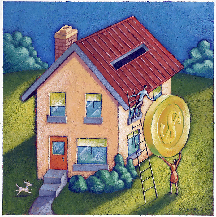 Couple Depositing Coin into Rooftop of House, by James Wardell / Design Pics
