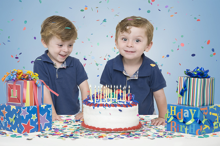Twin Boys with Birthday Cake and Presents, by Jason A. Randazzo / Design Pics