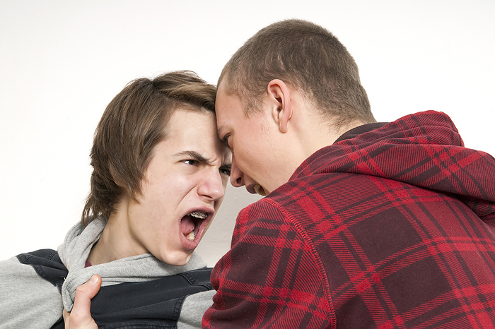 Close-up of two teenage boys fighting and screaming at each other, studio shot on white background, by Jens Lüebkemann / Design Pics