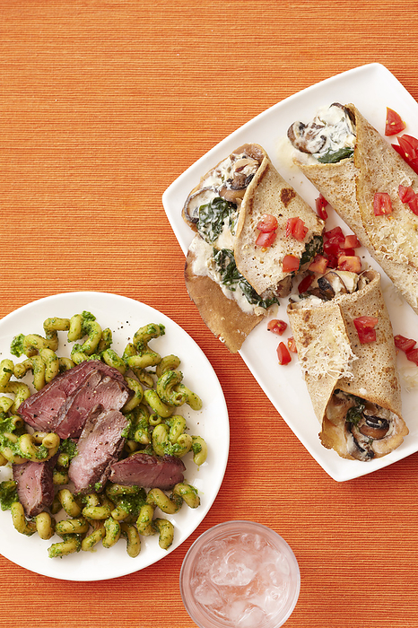 Steak with Pesto Pasta and Mushroom and Spinach Crepes, by Jodi Pudge / Design Pics