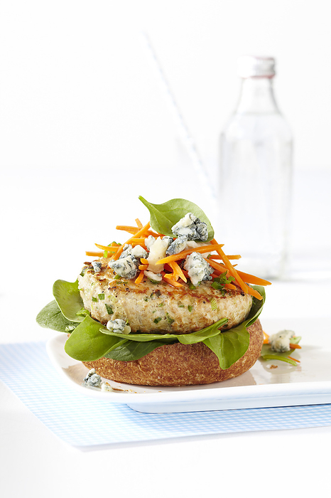 Open-faced, buffalo chicken burger with blue cheese on plate, studio shot on white background, by Jodi Pudge / Design Pics