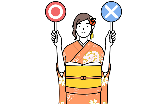 A woman in furisode kimono holding a stick to indicate correct and incorrect answers, at a New Year's hatsumode, a coming-of-age ceremony, a graduation ceremony or a wedding, etc.