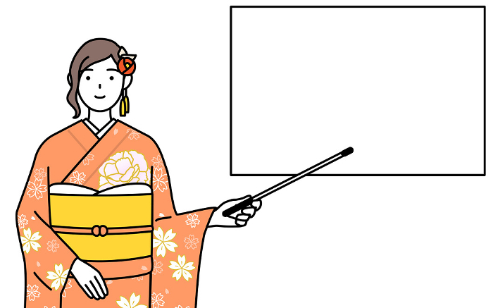 A woman in a furisode kimono pointing at a whiteboard with an indicator stick, at a New Year's Day visit, a coming-of-age ceremony, a graduation ceremony, a wedding, etc.