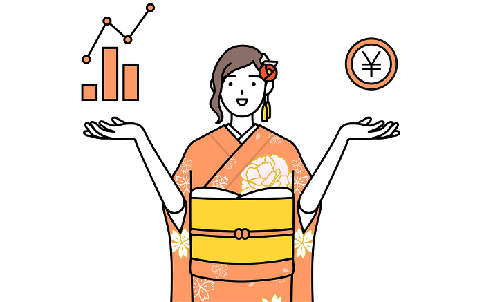 DX's image, a woman in a kimono guiding you to improved business performance and sales, Hatsumode at New Year's, coming-of-age ceremonies, graduation ceremonies, weddings, etc.