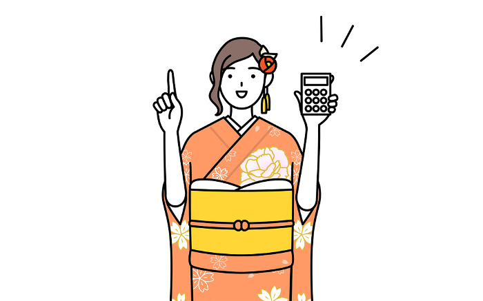 A woman in a furisode kimono pointing with a calculator, at a New Year's hatsumode, a coming-of-age ceremony, a graduation ceremony, a wedding, etc.
