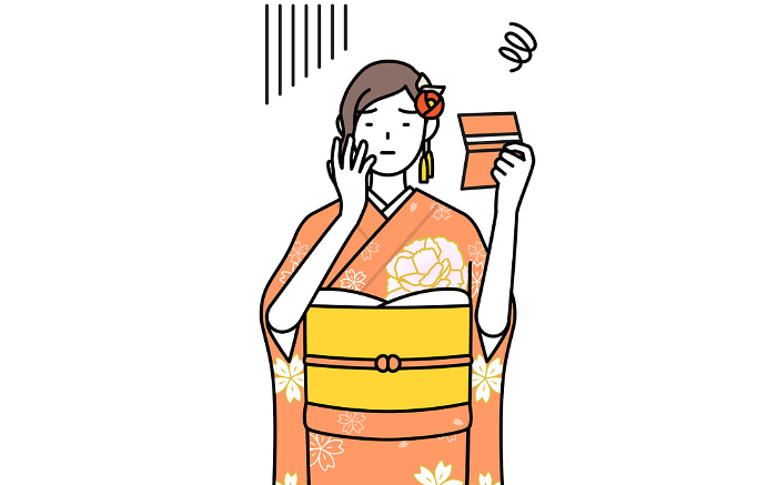 A woman in furisode kimono looking down at her bankbook, a New Year's Day visit, a coming-of-age ceremony, a graduation ceremony, a wedding, etc.