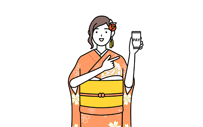 Woman in furisode kimono recommending cashless online payment on a smartphone, New Year's Day Hatsumode, coming-of-age ceremony, graduation ceremony and wedding ceremony.