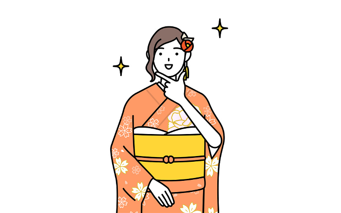 A woman in furisode kimono posing confidently, at a New Year's hatsumode, a coming-of-age ceremony, a graduation ceremony, or a wedding ceremony.