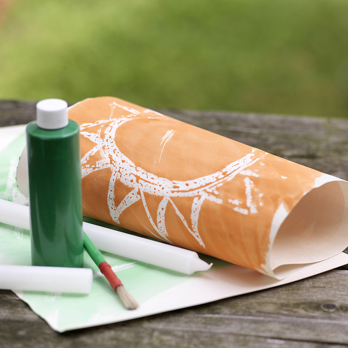 Art Supplies for Painting over Wax Drawings on Picnic Table Outdoors, by Natasha Nicholson / Design Pics