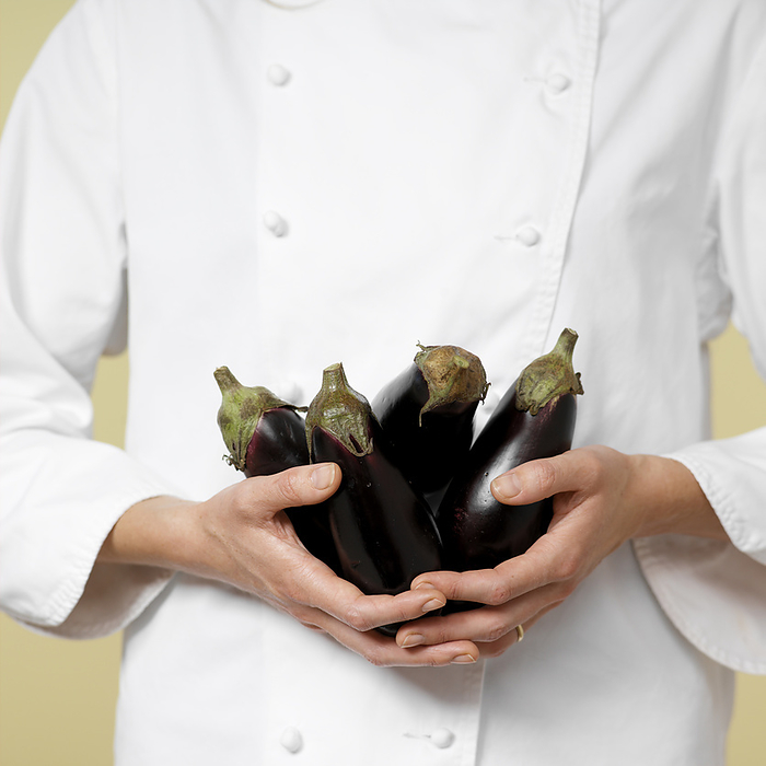 Close-up of Woman's Hands holding Eggplants, by Natasha Nicholson / Design Pics