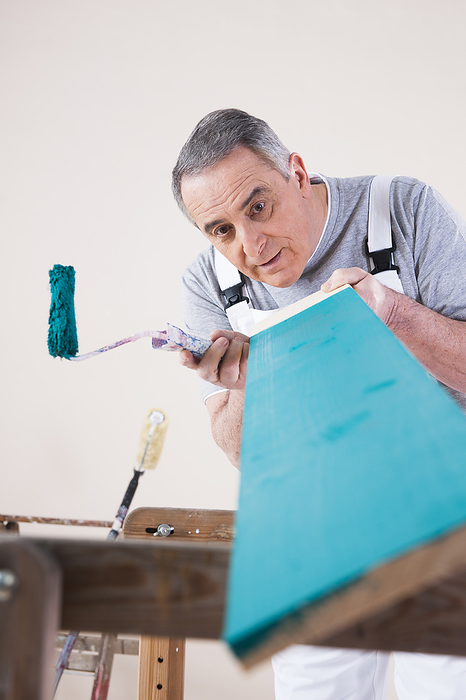 Senior Man Inspecting Painted Board, Studio Shot, by Uwe Umstätter / Design Pics