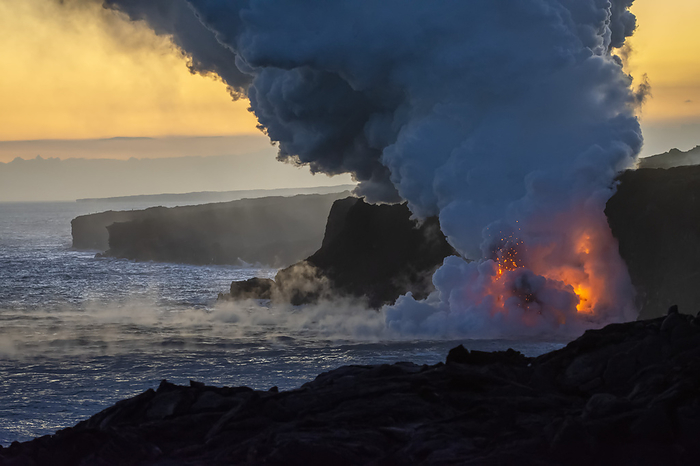 Hawaii Hawaii Island Hot lava illuminates a huge column of noxious gas as it enters the ocean on the Big Island of Hawaii  Hawaii, United States of America, by Jim Lavrakas   Design Pics