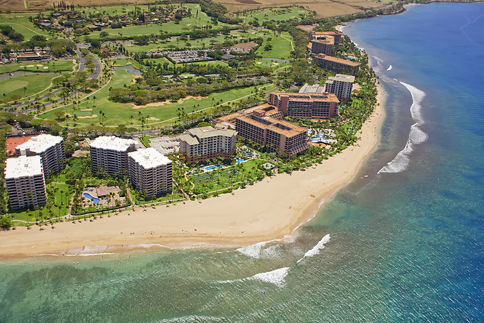 Maui, Hawaii Aerial view of hotels along Kaanapali Beach with Kaanapali Golf Course on the right  Kaanapali, Maui, Hawaii, United States of America, by Ron Dahlquist   Design Pics