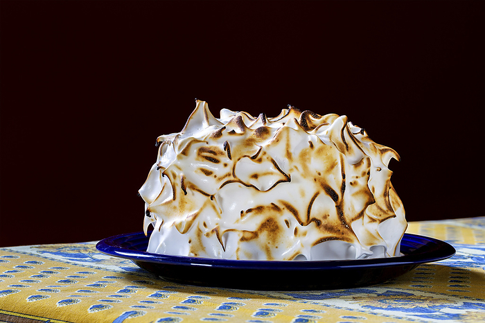 Slightly charred spiked meringue covered cake on a blue plate and decorative tablecloth; Studio, by Michael Interisano / Design Pics