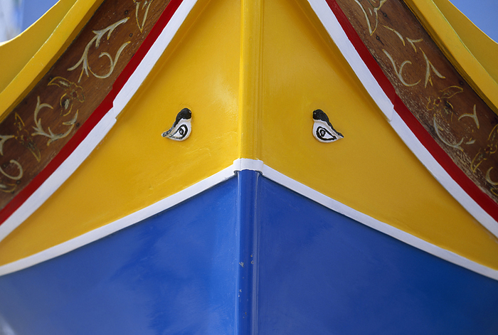 Close detail of the front of a brightly painted boat with two eyes'; Koi Samui, Thailand, by Michael Melford / Design Pics