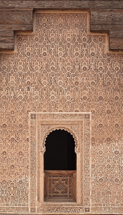 Arched Window With Ornamental Stucco Work And Lattice Wood Panelling At Ali Ben Youssef Medersa; Marrakech, Morocco, by Lizzie Shepherd / Design Pics