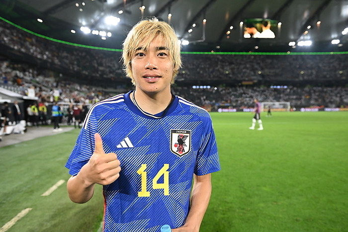 International friendly soccer match between Germany and Japan Japan s Junya Ito poses after winning the International friendly soccer match between Germany 1 4 Japan at Volkswagen Arena in Wolfsburg, Germany, September 9, 2023.  Photo by JFA AFLO 
