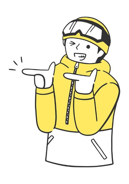 A man in winter sports wear happily pointing with both hands.