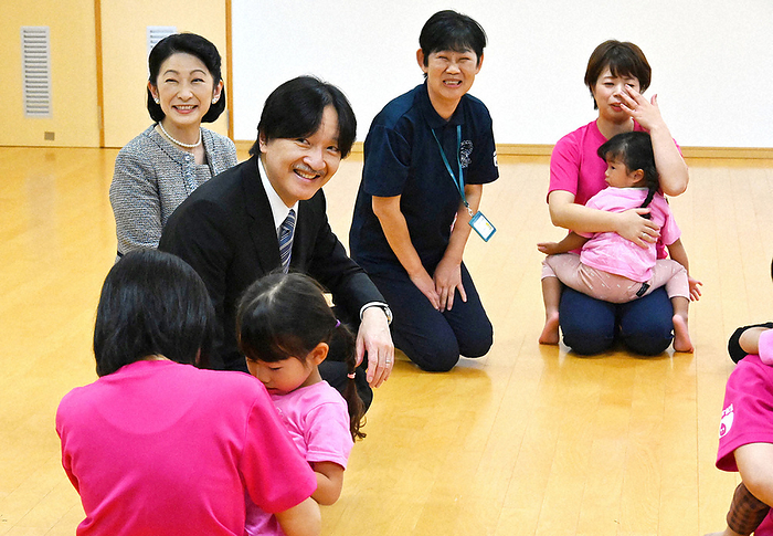 Prince and Princess Akishino joining in a circle of rehabilitation activities and interacting with users. Prince and Princess Akishino join a circle of medical treatment and education activities and interact with users at the city s Child Development Support Center Tanpopo in Oguchigami cho, Isa City, Kagoshima Prefecture, at 2:50 p.m. on October 27, 2023  photo by representative .